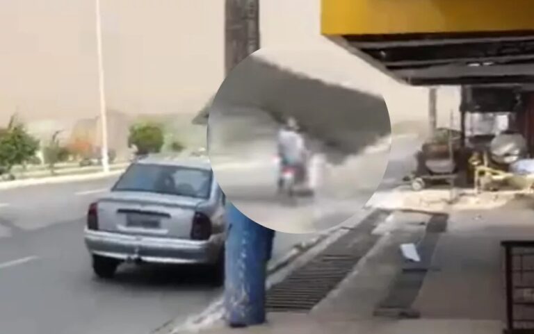 Uma tempestade de areia derrubou um outdoor que quase atingiu um motociclista em avenida de Senador Canedo.