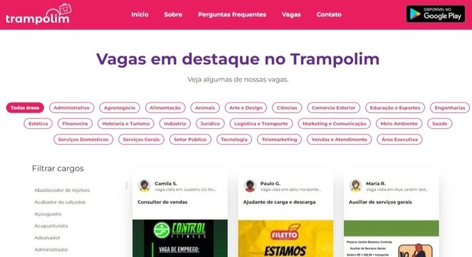 Página na internet do aplicativo colaborativo Trampolim, com as vagas disponíveis em 26/05