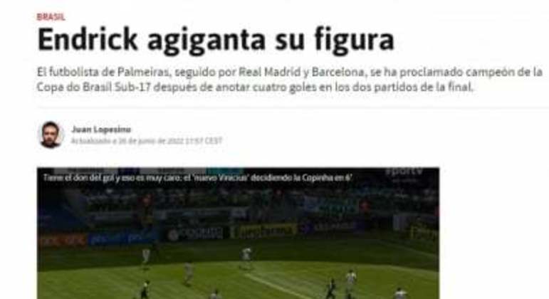 Jornal "As", da Espanha, exaltando Endrick, do Palmeiras