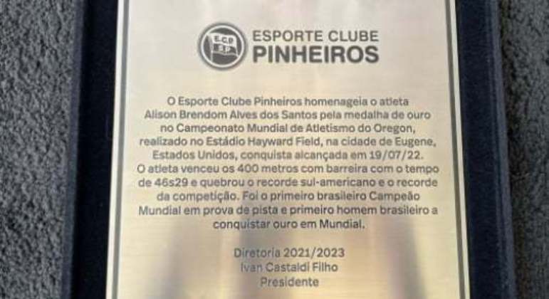 Placa de homenagem - Alison dos Santos