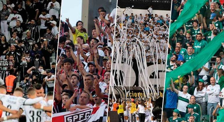 Panorama da pesquisa O Globo/Ipec sobre as torcidas atualmente (percentuais contabilizando toda a população do Brasil, não apenas São Paulo) - Corinthians: 15,5% / São Paulo: 8,2% / Palmeiras: 7,4% / Santos: 2,2% / Botafogo-SP: 0,3%