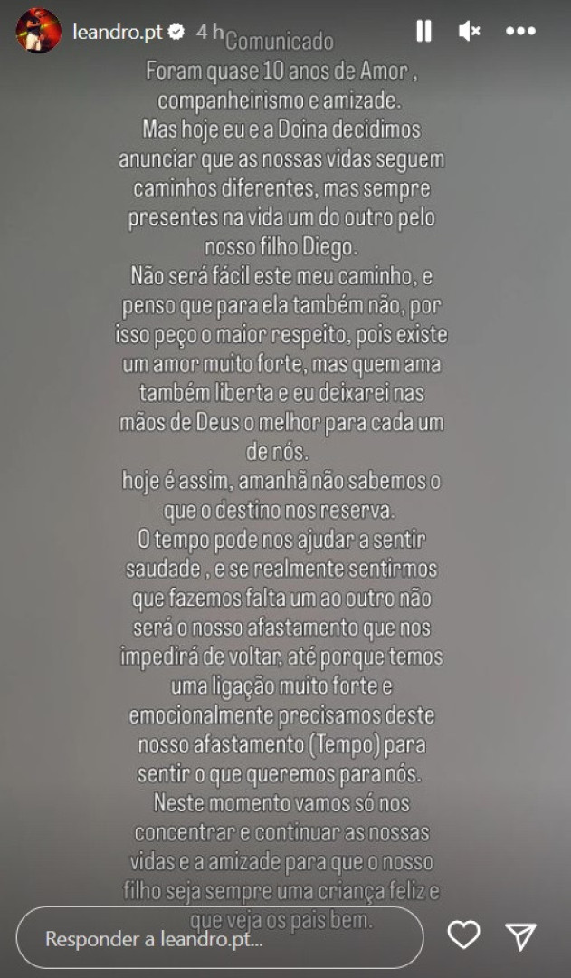 Cantor Leandro e Doina Stratulat separados. "Peço o maior respeito"