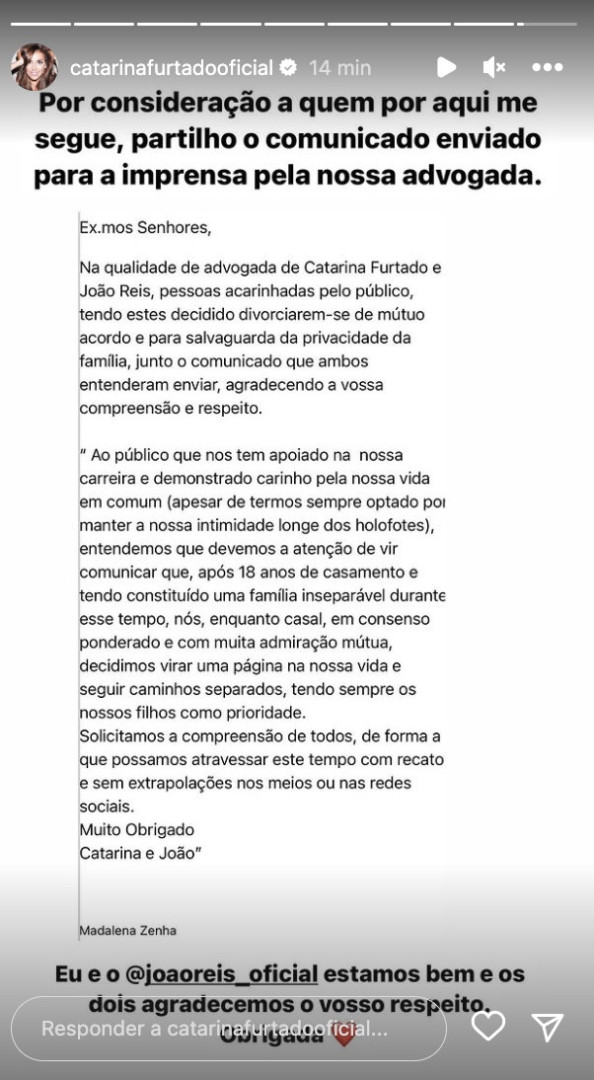 Catarina Furtado anuncia separação de João Reis através de comunicado