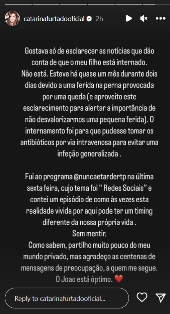 Catarina Furtado esclarece internamento do filho: "Está ótimo"