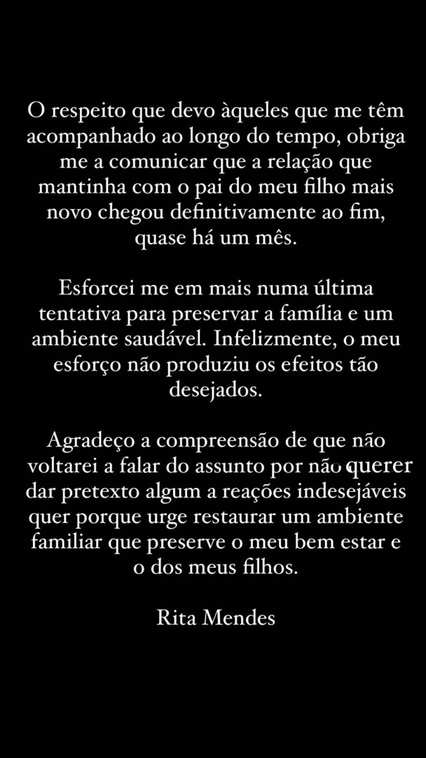 Após assumir reconciliação, Rita Mendes confirma nova separação