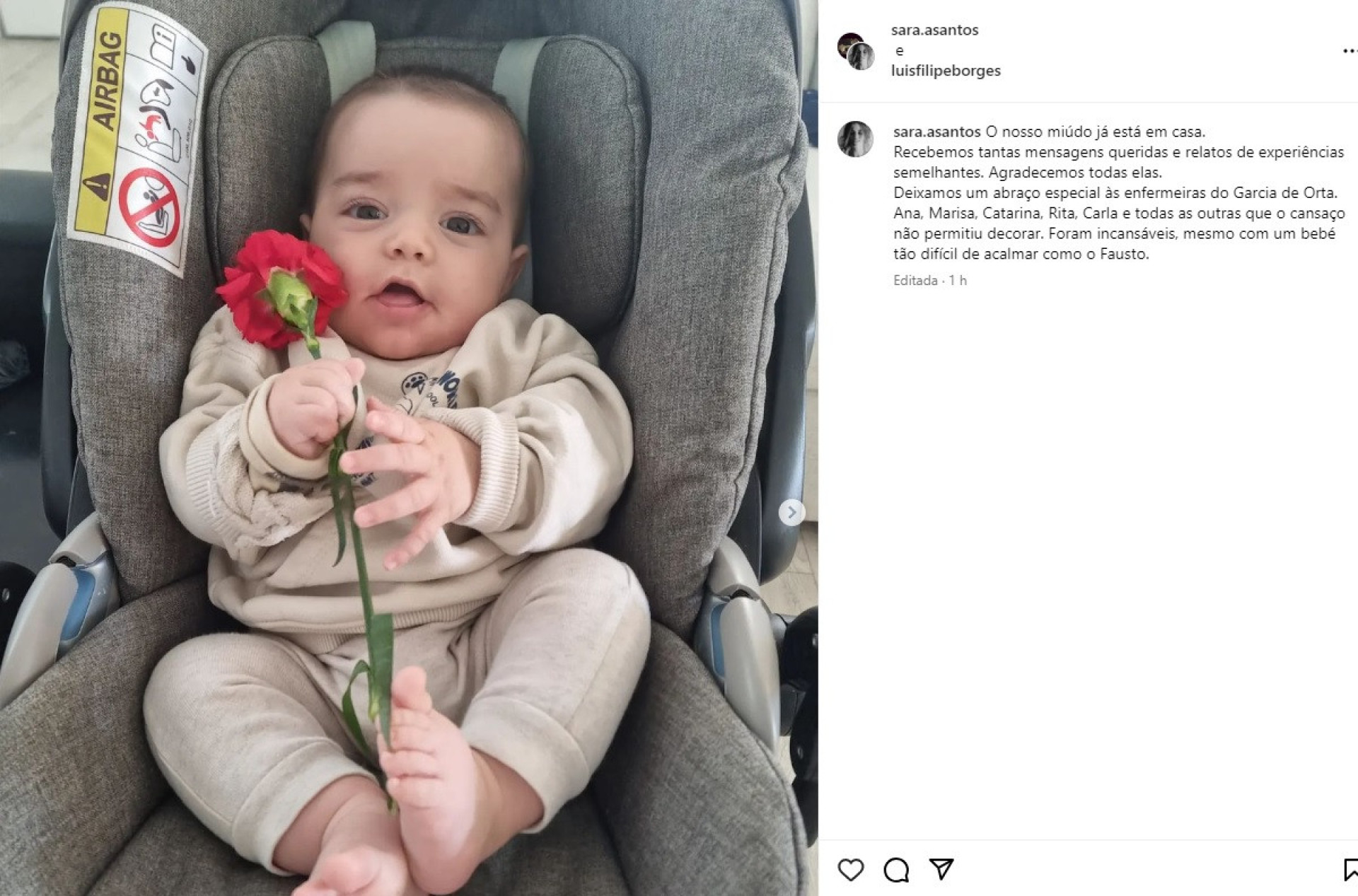 Mulher de Luís Filipe Borges revela que filho bebé já regressou a casa