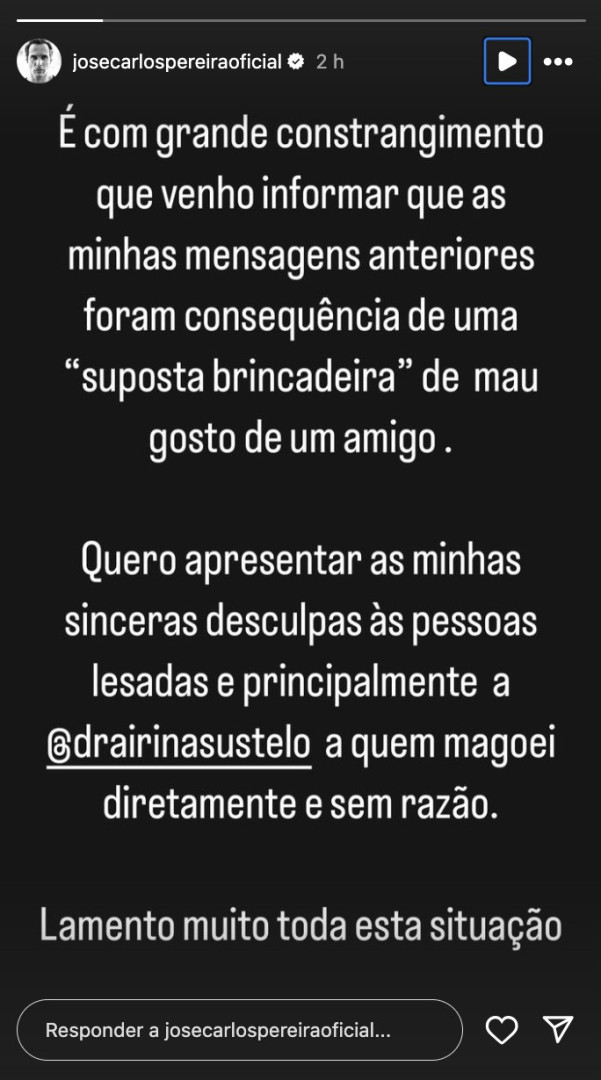 José Carlos Pereira quebra silêncio após alegada traição: "Lamento muito"