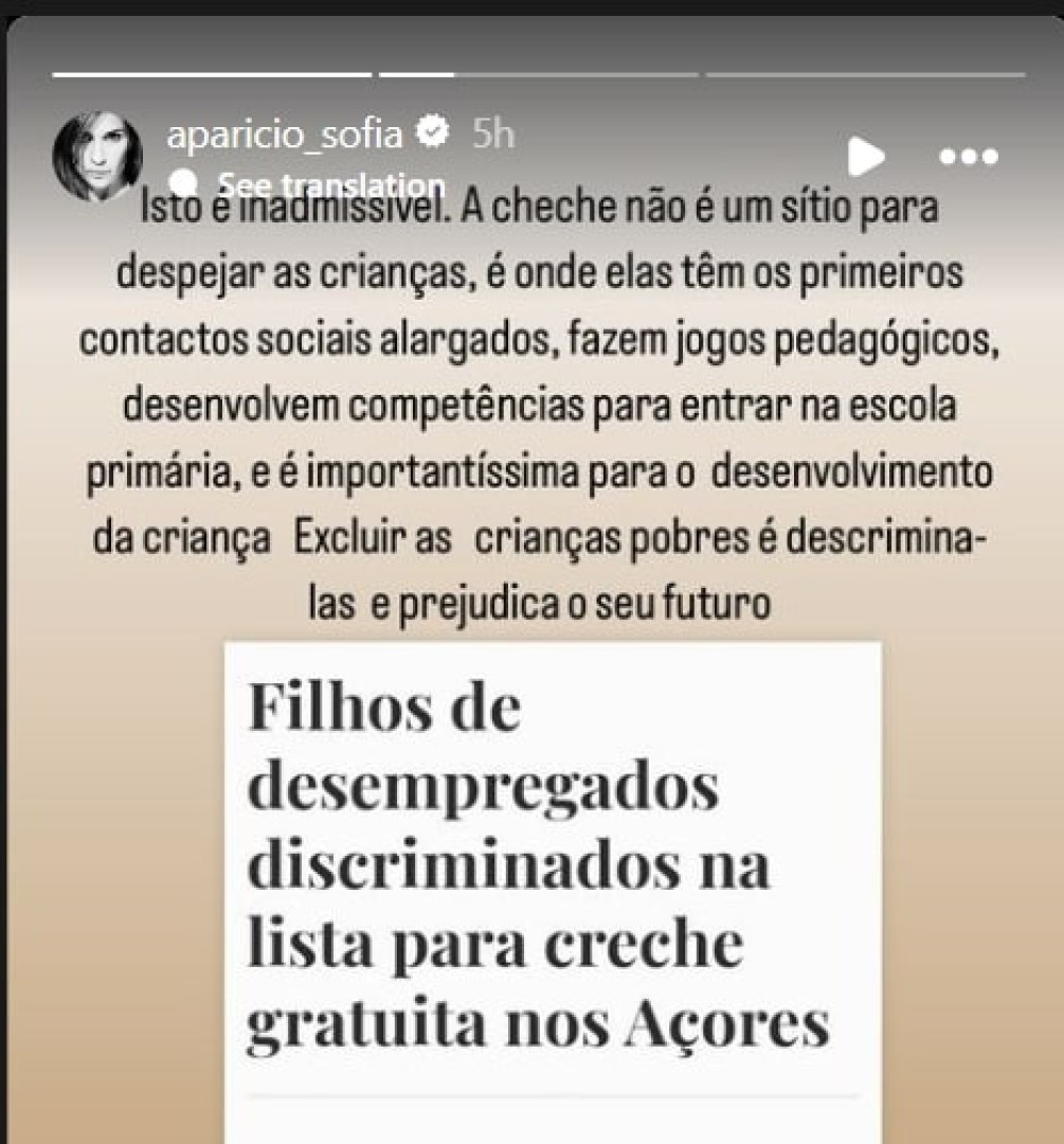 Sofia Aparício: "Inadmissível. Excluir crianças pobres é descriminá-las"