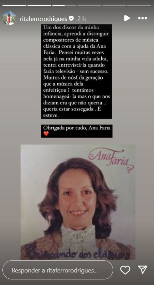 Rita Ferro Rodrigues homenageia Ana Faria: "Pensei muitas vezes nela"