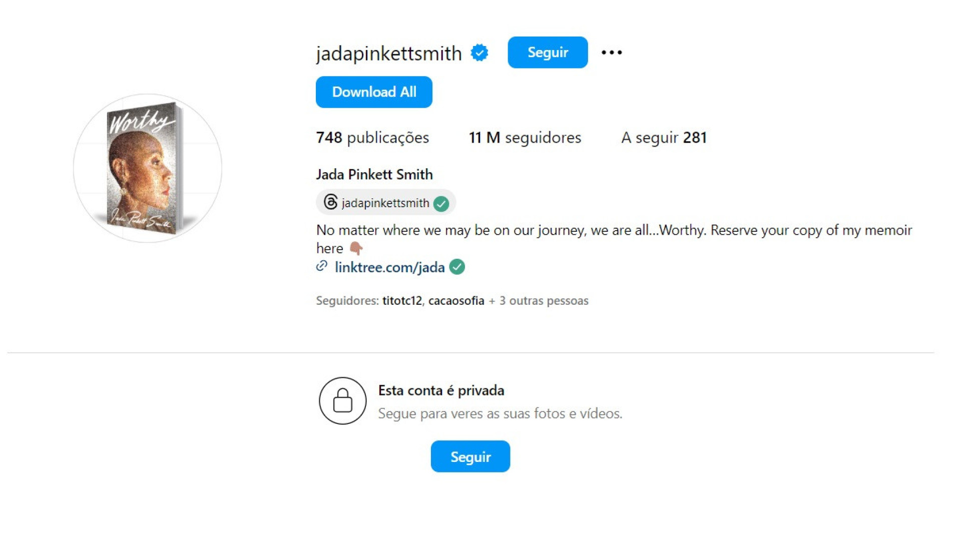 Jada Pinkett Smith passa Instagram para privado após mensagem enigmática