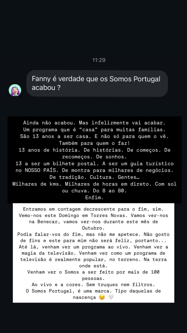 Fanny fala sobre fim do 'Somos Portugal': "Para mim não será feliz..."